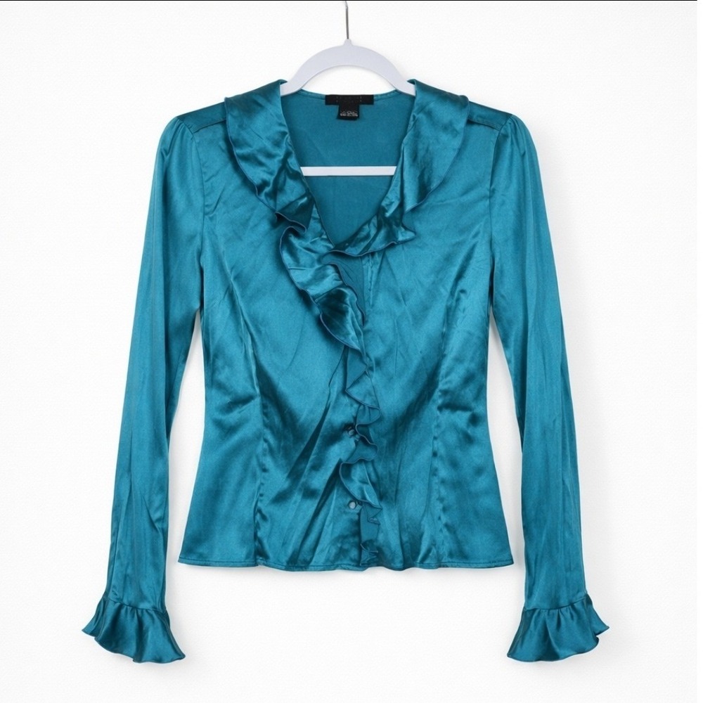 The Limited Silk Teal Blue Ruffle Blouse M Jabot‎ Victorian Romantic Tuxedo Y2K